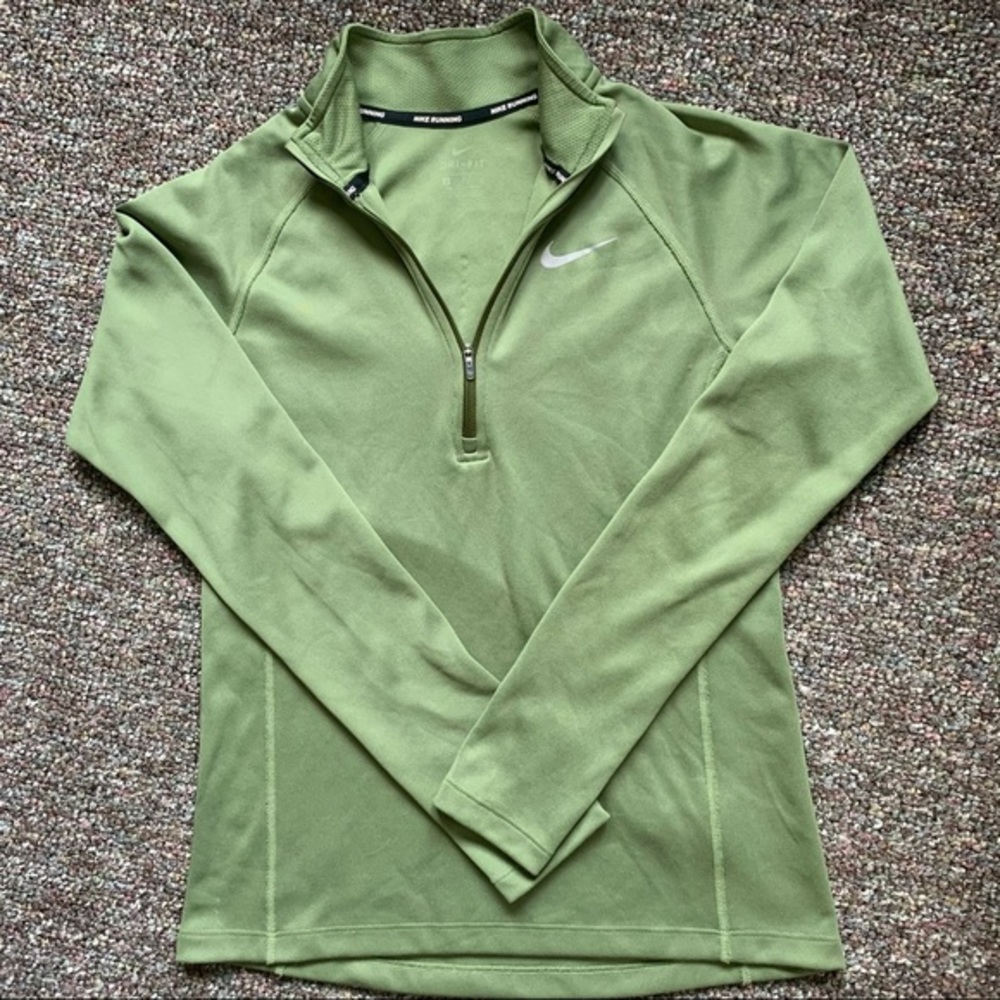 NIKE DRIFIT Athletic Running Quarter Zip Pull Over Olive Green Thumb Hole‎